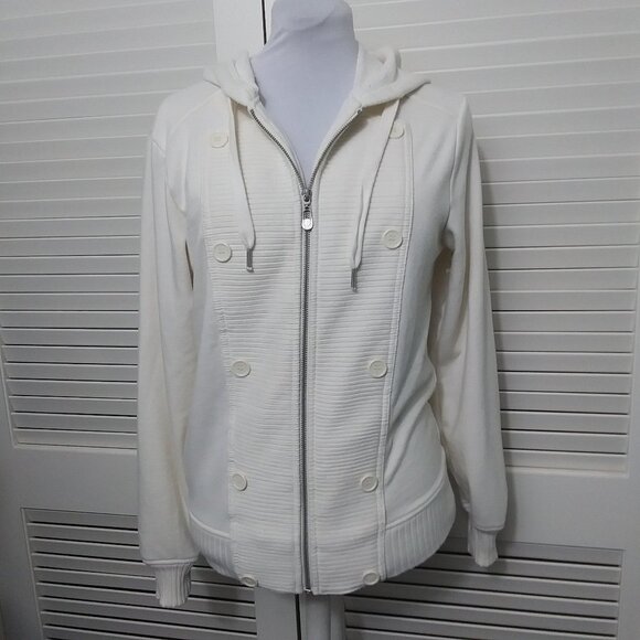 Guess Cream Full Zip Hoodie Button Ribbed Detail - Picture 2 of 13